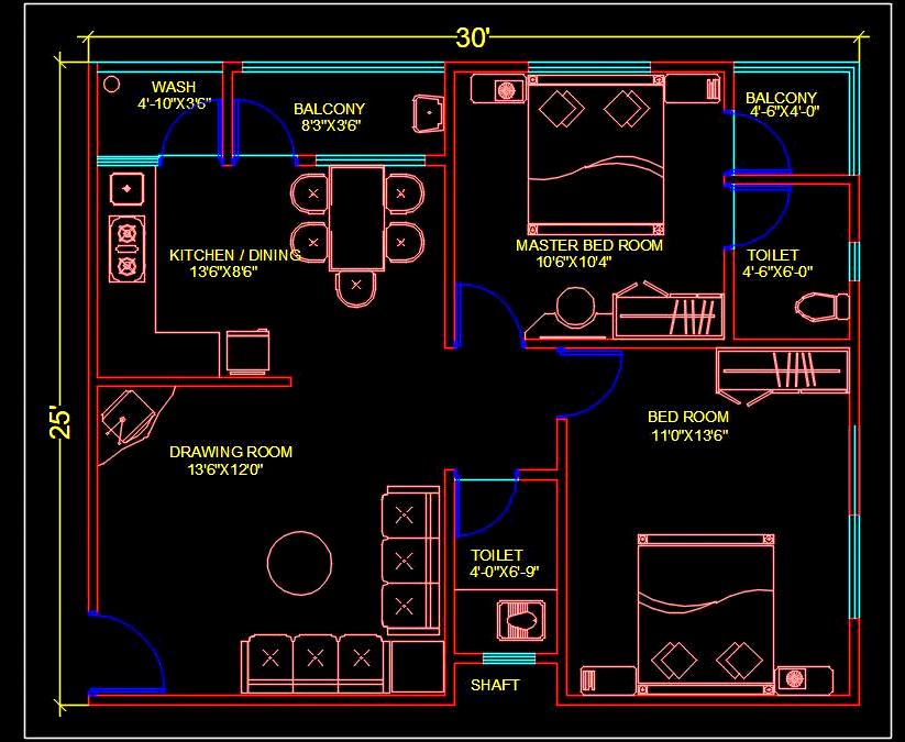 2 BHK Apartment Autocad House Plan (30'x25') DWG Drawing Download